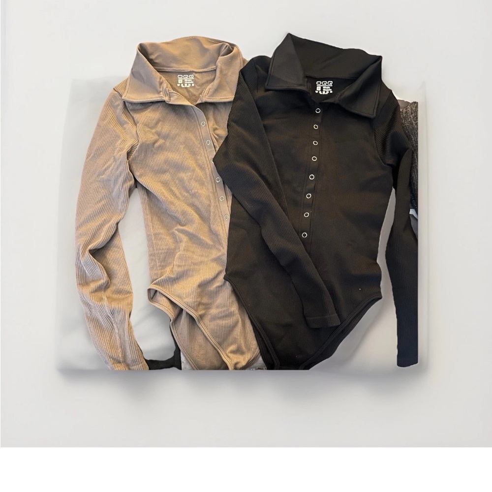 OQQ Snap-Button Ribbed Bodysuits - Black & Taupe